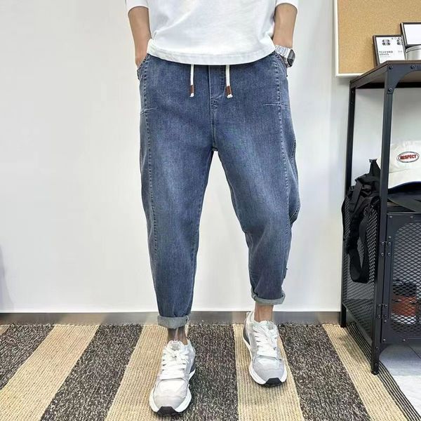 

High-end light luxury blue gray jeans men's new radish pants elastic slim feet nine-point pants 17, Darkcyan