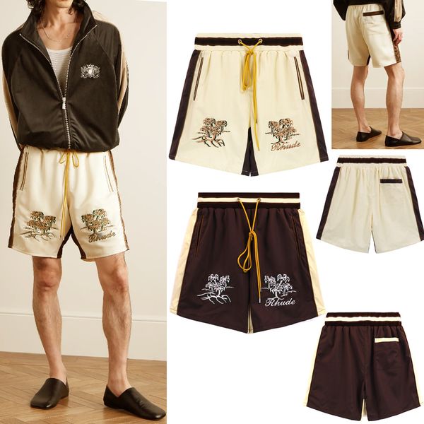 

American Designer Men Beach Short Graphic Embroidery Casual Elastic Drawstring Sports Shorts Rhudes Man XL, Brown
