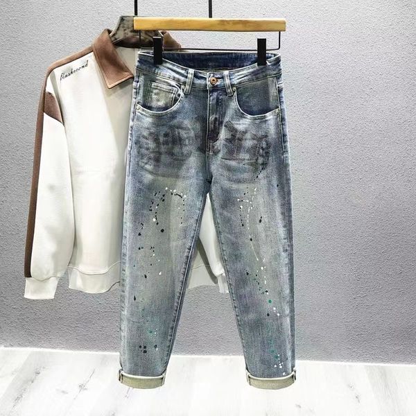 

American spray-painted jeans Men's fashion brand retro elastic print straight tube men's autumn trend wash wear-resistant pants 30, Darkcyan