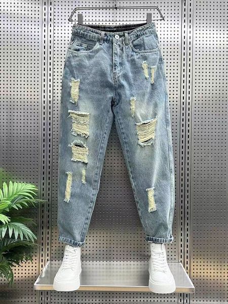 

Ripped jeans male trend Korean version of loose washed small foot pants spring ball new elastic raw edge casual pants 27, Darkcyan