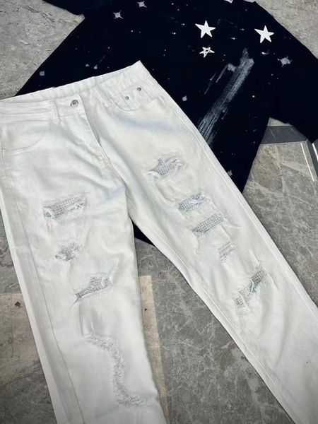 

Heavy iron drill jeans male net red wash to do old personality hole casual ruffian handsome high street slim white pants 40, Darkcyan