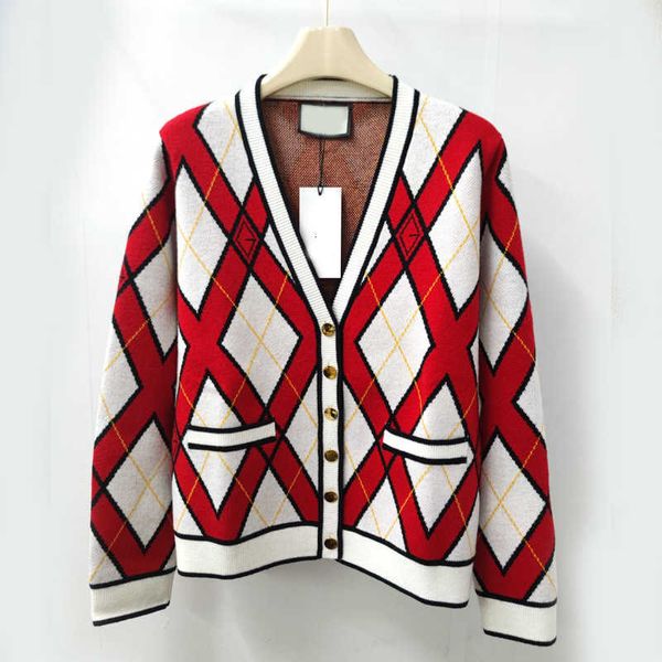 

Knits Women'  AutumnWinter British Academy style V-neck cardigan wool jacket diamond grid trendy brand contrasting knit loose top O2FY, Red socket