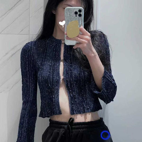 

Knits Women's s Xiaoxiangfeng Knitted Cardigan Coat Early Spring Cool Light Series Unique Shiny Silk High Grade Feeling Top QXS8, Navy blue (strap)
