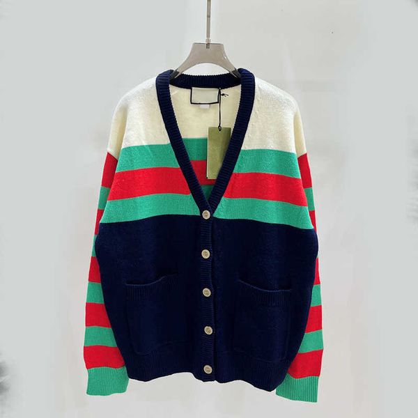 

Knits Women'  Early Autumn Contrast Panel Black and White Stripe Sweater Coat Loose Lazy Mid length Knitted Cardigan MCVD, Picture color