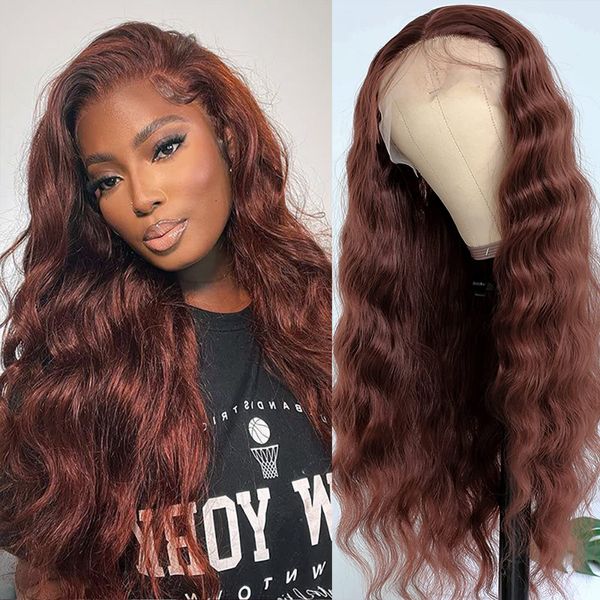 

Long Body Wavy Synthetic Lace Frontal Wigs Heat Safe Black Women 24 inches Brown Wig Middle Part 180% Density Natural Hairline Replacement Wigs for Daily Party Use, Medium brown