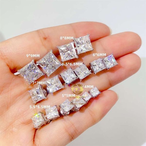 

Bling Trendy Fashion Gra Moissanite Sier Hip Hop Screw Back Princess Cut Stud Earrings For Men