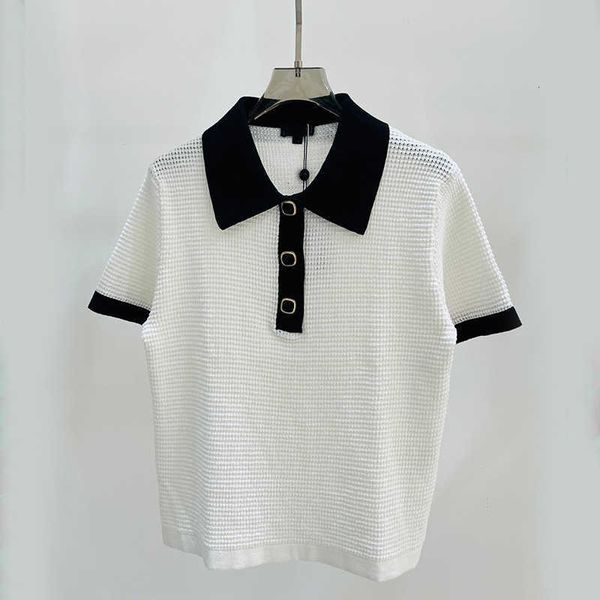 

Knits Women'  Colored Small Fragrance POLO Sky Silk Short sleeved Knitted Top Black Letter Square Button Decorative Hollow Collar Dress 4JRT, Short sleeve top