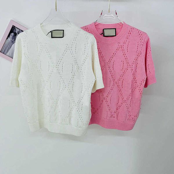 

Knits Women'  Summer and autumn products hollow letter hook flower sewing crystal beads foreign style age reducing sweater round neck short sleeve blouse A5K3, Red