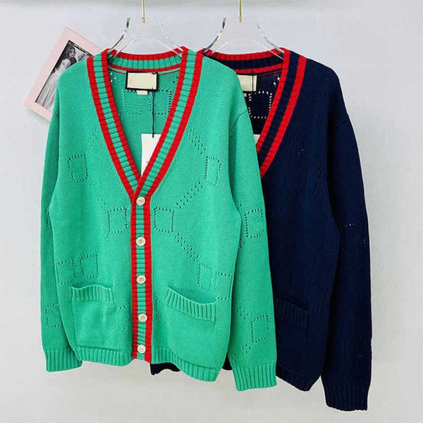 

Knits Women'  spring summer and autumn products contrast color stitching V-neck cardigan letter single row button round neck hollow out age reducing sweater T8S3, Royal blue crew neck