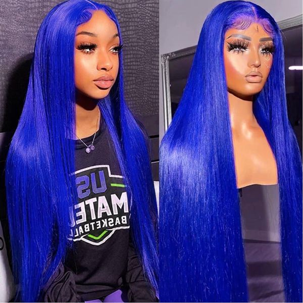 

30 Inch Blue Lace Front Wig Pre Plucked Natural Hairline Long Straight Navy Blue Hair Heat Resistant Fiber Glueless Synthetic Lace Frontal Wigs Fashion Women Party