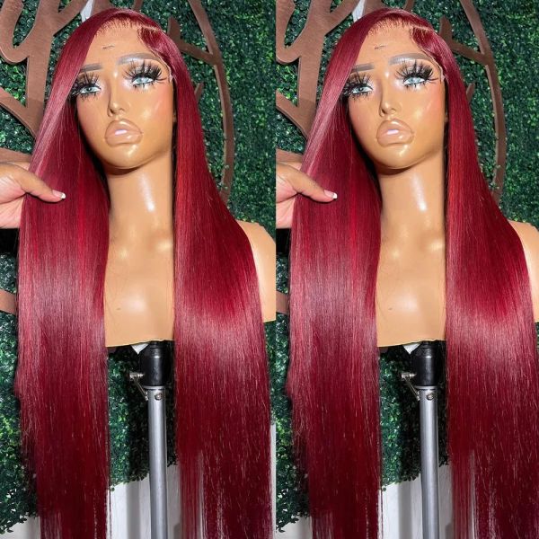 

99J Red Lace Front Simulation Human Hair Wigs Colored Brazilian Straight Burgundy 13x4 Transparent Lace Frontal Closure Wig Glueless Wigs for Women, Customize