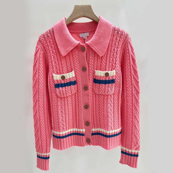 

Knits Women'  High end small fragrance spring summer temperament college style contrast color Fried Dough Twists knitting sweater cardigan coat AYRM, Pink (sleeveless long skirt)