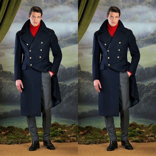 Mens Dark Blue Classic Fall Overcoat Long Jacket Heavy Double Breasted Wedding Coat Tuxedos