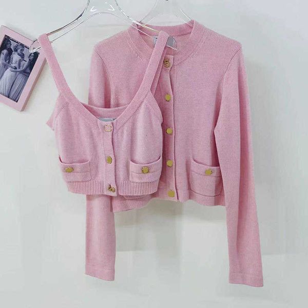 

Knits Women'  Small fragrance autumn round neck Pullover pocket long sleeve wool sweater fashionable temperament with short suspender sweater inside CKEP, Red vest