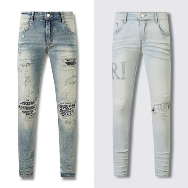

Trendy jeans ripped bone pattern leather stretch blue skinny jeans, 27