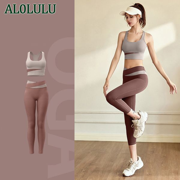 

AL0LULU with Clothing Set Leggings Women's Sports Bra Gym Running Yoga Pants, Camel