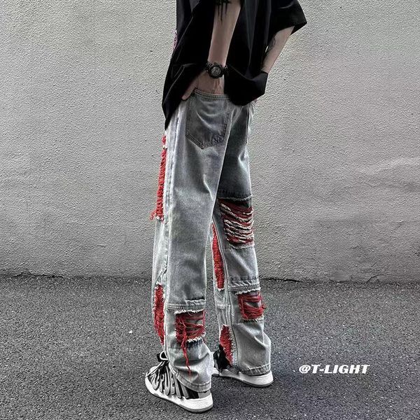 

Designer Original high street American pants ruffian handsome advanced sense red line ripped jeans male fashion ins Europe and the United States street pants 55, Magenta