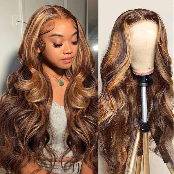 

Peruvian Soft 4/27 Highlight Wave Human Hair Wigs Brazilian Body Wavy 360 Transparent Synthetic Lace Front Wig PrePlucked for Women, Ombre color