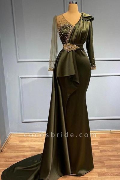 

Arabic Aso Ebi Green Prom Dress Beaded Long Sleeves Crystals V Neck Evening Gowns Feather Birthday Engagement Second Gown Dress Women Formal Wear YD, Same as picture