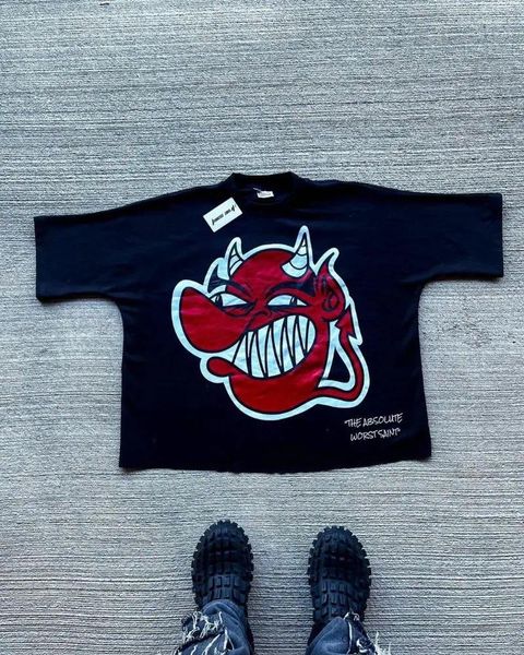 

Men's T Shirts Devil Graffiti Gothic Punk Print Street Short Sleeve T-Shirt Men Vintage Y2K Baggy Daily Bottoming O-Neck Couple, #1