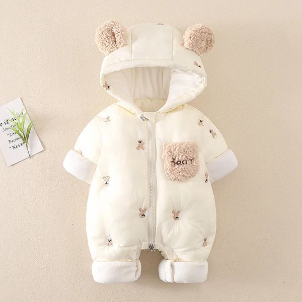 

Rompers AYNIGIELL Winter Baby Jumpsuit Thick Warm Infant Hooded Inside Fleece Born Boy Girl Overalls Outerwear Sets 231211, Beige