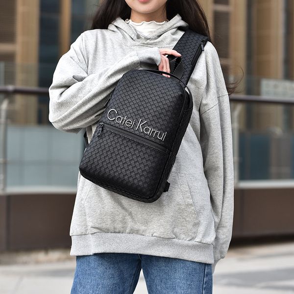 

Mens shoulder bags 6 colors street trend color matching leather leisure backpack classic woven fashion chest bag daily Joker letter embroidered handbag 80002#, Grey-88051 # (regular version)