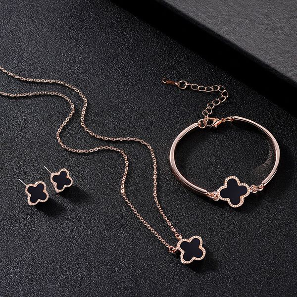 

Fashion 18K Rose Gold Plated Women Four-leaf Clover Jewelry Set Ladies Brides Black White Necklace Earrings Bracelet Fashion Wedding Jewelry Sets 3PCS/Set, Red