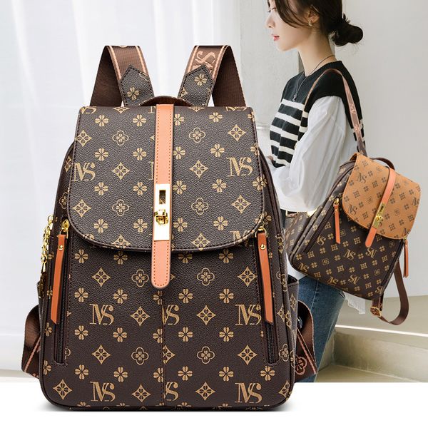 

outlet shoulder bag 2 colors classic old color retro print backpacks simple wear-resistant leather handbag double zipper color matching fashion backpack, Chocolate