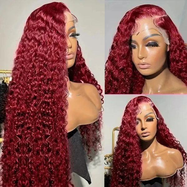 

99j Burgundy Red Lace Front Human Hair Wig Deep Wave Frontal Wig 30 Inch Pre Plucked Synthetic Lace Front Wigs 250 Density, Auburn