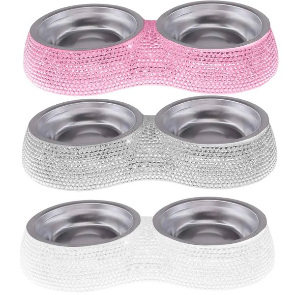 Dog Bowls Feeders Double Pet Bowl Bling Rhinestone Cat Food Water Feeder Stainless Steel Feeding Supplies Pets Accessories 231213