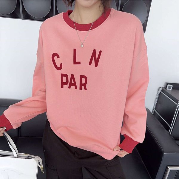 

Women Pullovers New 2023 Autumn New Trend Flocking Contrast Classic Letter Round Neck Pink Cotton Double Count Terry Sweater, Powder