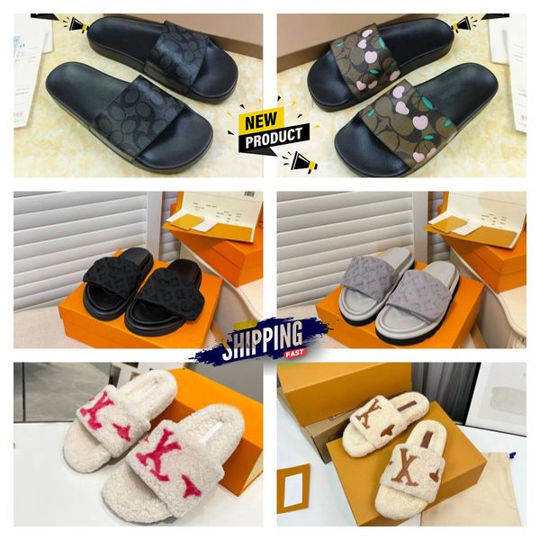 

Famous Designer Sandals Women Home Fur Fluffy Sippers Winter Indoor House Slipper Slides Black And White Furry Fuzzy Sliders Ladies Flat Mule Pool Sandels with box, #34