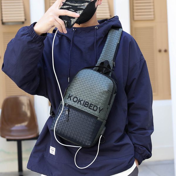 

Sales factory shoulder bags 6 colors street trend color matching leather leisure backpack classic woven fashion chest bag daily Joker letter embroidered handbag, Dark grey