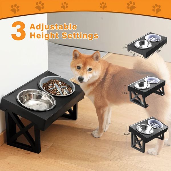 Dog Bowls Feeders Elevated 3 Adjustable Heights Raised Food Water Bowl with Slow Feeder Standing for Medium Large Dogs 231213