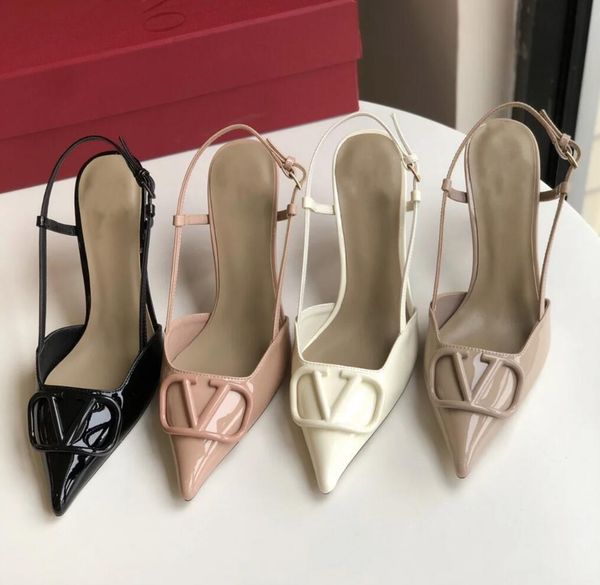 

Summer Brand Women Sandals High Heels Pointed Toe Shoes with V-buckle Thin Heel 6cm 8cm 10cm Nude Black Solid Patent Leather Luxury Womens Pumps with Bag 35-44, 1_color