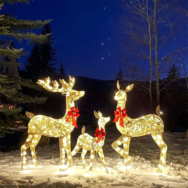 

Garden Decorations 3PCS Christmas Deer Sleigh Outdoor Yard Winter Decoration With LED Light Glowing Glitter Reindeer Xmas Home Year Ornament 231216