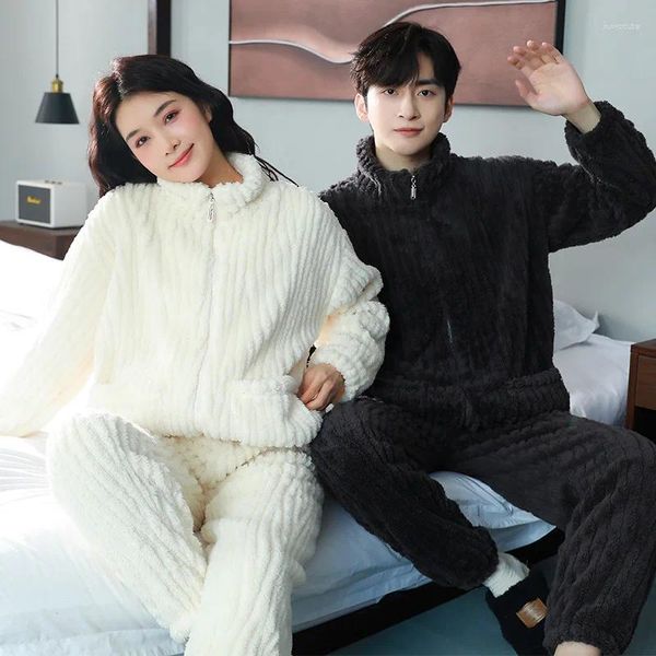 

Womens Sleepwear Couple Pajamas Autumn And Winter Add Velvet Set Plush Thickened Mens Home Clothing Warm Casual Pyjamas Women Suit, White women