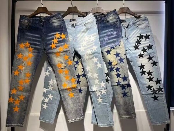 

Usa Size Ripped Orange Amiryes Star Patch Slim Fit Little Feet Star Stretch Hole Jeans For Men Denim, Blue white