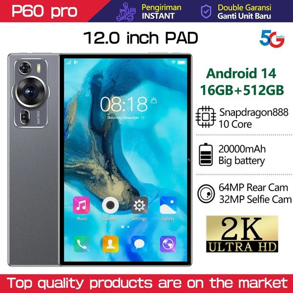 

Brand PC Touch Tablet Android P60 Pro Global Tablette 12.0 Inch HD 16G+512GB Snapdragon 888 5G Dual SIM Card or WIFI Google Play te