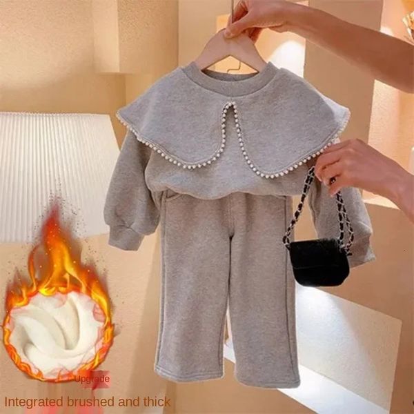 

Girls Fall Pearl Gray Sweater Suit Baby Winter Clothes Plus Velvet Lapel Childrens Top Pants Fashion Birthday 2pcs Set 231220, Pant
