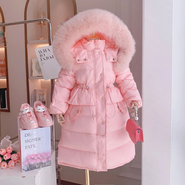 

Winter Girls Down Coat: Slim Hooded Fur Collar Thicken Jacket, Pink & Black
