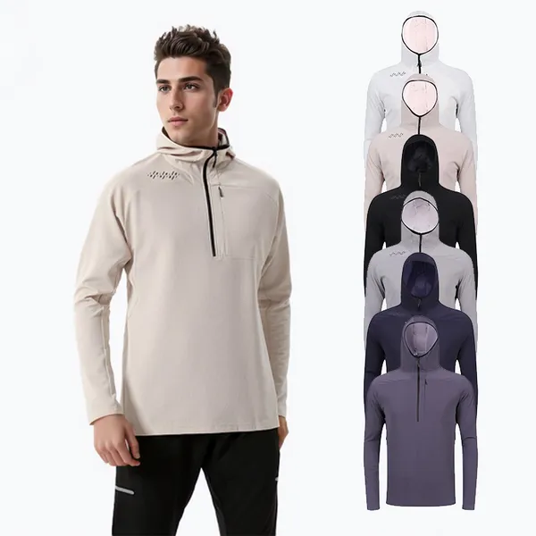 

Llu New Men's Hooded T-shirt Outdoor Breathable Quick Drying Long Sleeved Top Mock Neck Fiess Yoga Half Zipper Pullover Leisure Sports Coat, Grey