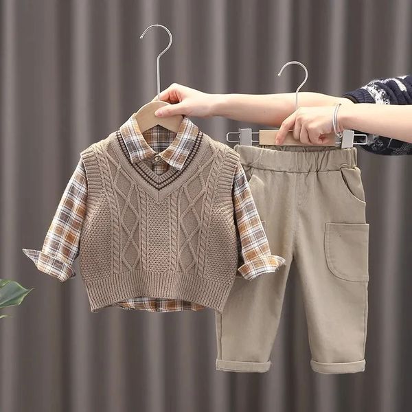 

OLEKID Spring 3PCS Baby Boys Clothing Set Sweater Cardigan Vest Long Sleeve Shirts Jeans Pants Clothes Autumn 231220, Beige