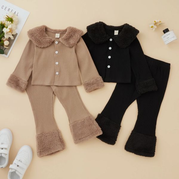 

Toddler Baby Girls Knitted Tracksuits Casual Autumn Winter Lapel Button Long Sleeved Jacket Pants Children Plush Outwear Set 231220, Black