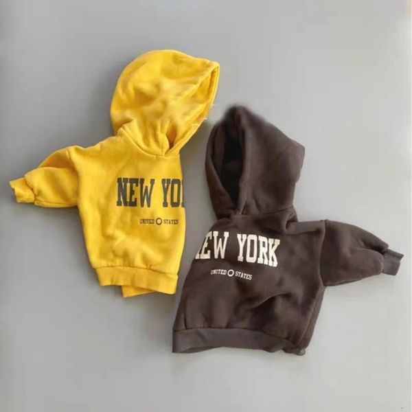 

Autumn Winter Boy Baby Fleece Letter Print Hoodies Girl Children Plus Velvet Thick Hooded Sweatshirt Kid Warm Casual Cotton Tops 231220, Brown pants