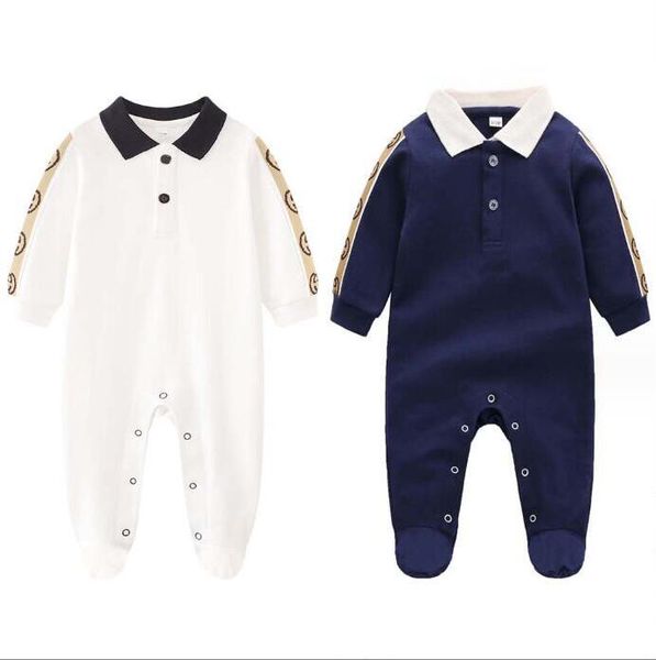 

Spring Autumn Baby Boys Girls Brand Rompers Newborn Long Sleeve Jumpsuits Letters Printed Toddler Turn-down Collar Onesies Infant Clothes, Dark blue