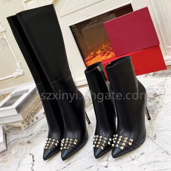 

High-Quality Women's Riveted Decorative Leather Boots Fashion Pointed and Thin Heel Boots Short/ Long 2Styles 35-41, #2 short style-black