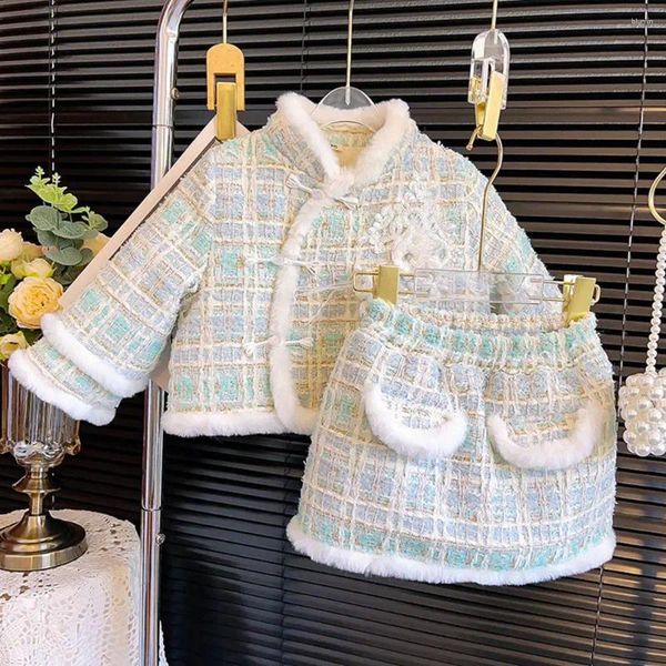 

Clothing Sets Vintage Warm Winter Fashion Girls Princess Clothes Set Baby Kids Children Long Sleeve Coat Tops Skirts 2pcs Sweet Suits, Blue