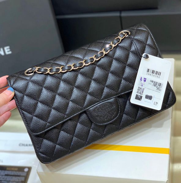 

10A Top Tier Quality Women Jumbo Double Flap Bag Luxury Designer 25.5CM Genuine Leather Caviar Lambskin Classic All Black Purse Quilted Handbag Shoulde With Box, 17