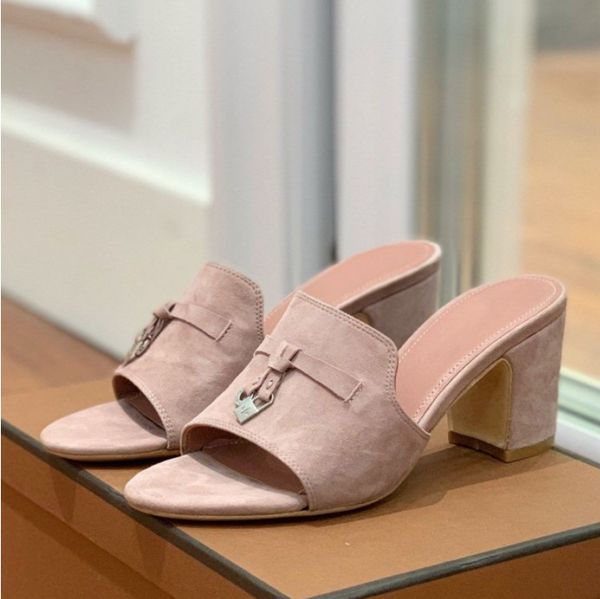 

Woman Summer Top LP Charms slides embellished suede slippers Luxe sandals shoes Genuine leather open toe casual flats for womens Luxury factory footwear, 9_color